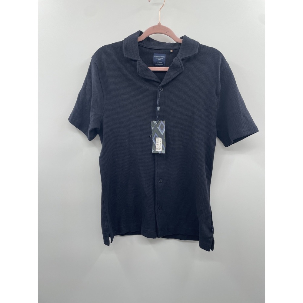 NWT Steel & Jelly Relaxed Fit Shirt Men Small Navy Blue Notch Lapel Short Sleeve